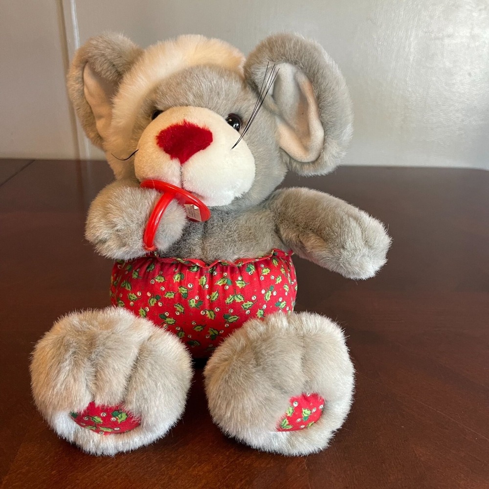 Vintage 1993 Plush Creations Christmas Mouse Stuffed Toy  Red Pacifier Santa Hat